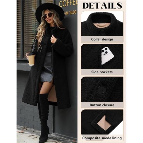 Women's Long Fleece Coat Faux Fur Jacket Button Down Winter Coat - Picture 3 of 5